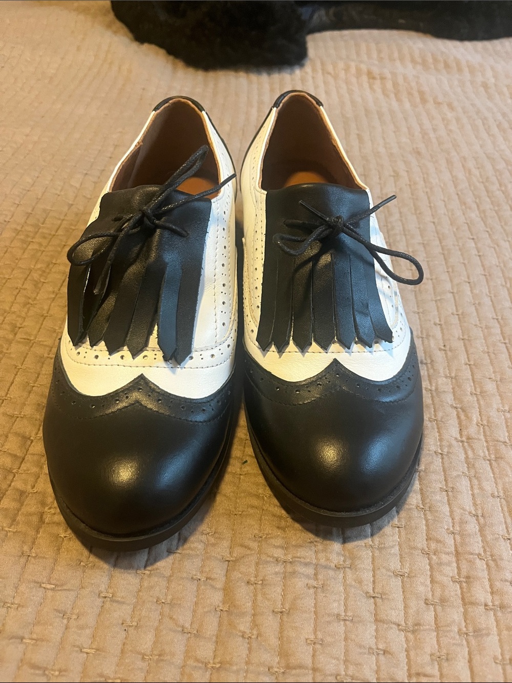 Julia Bo Black and White Leather Wingtip Loafers- Detachable Collar